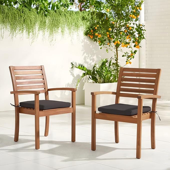 Stackable Patio Dining Chairs Set of 6, Dark Grey | Outdoor Acacia Wood Chairs - Image 2
