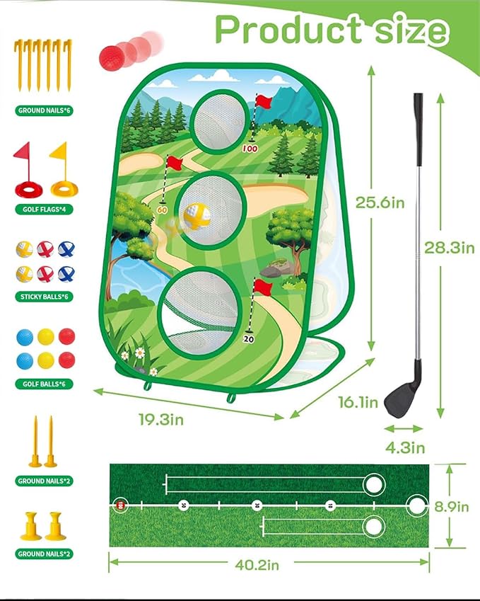 4-in-1 Kids Sticky Golf Games Set with Club, Golf Putting Practice Mat,3-Sided Golf Chipping Net, Multiple Game Modes, Golf Cornhole Board Set