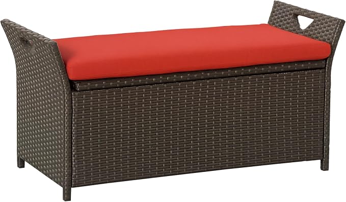 Outsunny 29 Gallon Patio Wicker Storage Bench Outdoor PE Rattan Red | Furniture by Outsunny