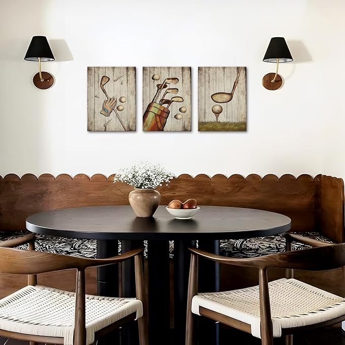 SkenoArt 3 Piece Sport Wall Art Vintage Golf Balls Painting Picture Prints Brown Poster Canvas Artwork Home Gym Office Man Bedroom Decoration Ready to Hang Gifts for Golf Lovers