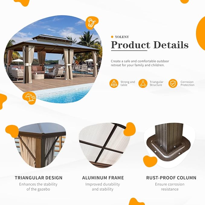 12'x20' Hardtop Gazebo, Outdoor Polycarbonate Double Roof Canopy, Aluminum - Image 7