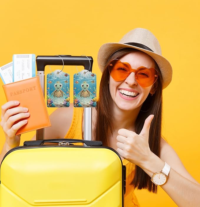 TSA Approved Luggage Tags for Suitcases Sea Turtles 2 Pack Funny Leather Carnival Cruise Airport Cute Travel Name Tags Golf Bag tag Ships Essentials Privacy Cover ID Label for Women Men