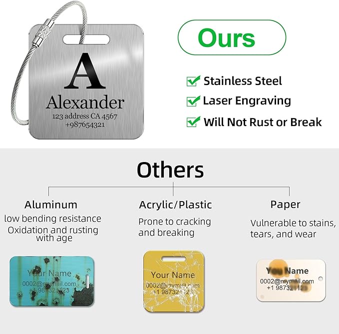 Customized Stainless Steel Luggage Tags: Personalize Your Suitcases, Backpacks, and Bags with Your Text - Custom Initial Text Name ID,Number(3 Pack)