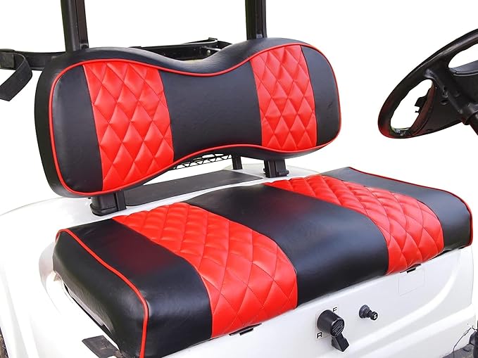 Huskey 4PCS Golf Cart Front/Rear Seat Covers for Club Car Precedent 2004+ G&E Models Custom Two-Tone Black/Red Diamond Stitching with Red Piping,Marine Grade Vinyl Material,Staple On Design