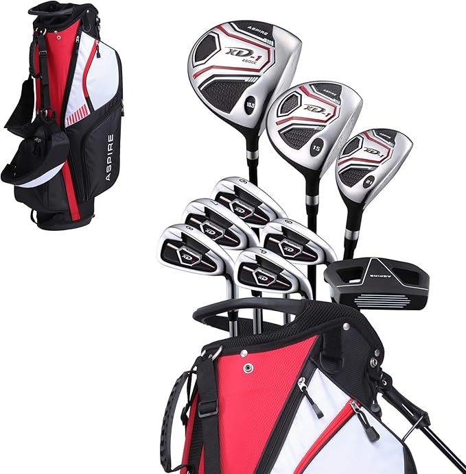 Aspire XD1 Men’s 14-Piece Golf Set – 460cc Titanium Driver, Wood, Hybrid, 6-PW Irons, Putter, Stand Bag, 3 Headcovers and Cover