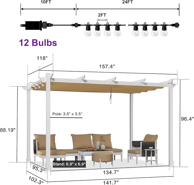 PURPLE LEAF Outdoor White Pergola 10' x 13' w/Lights - Image 6