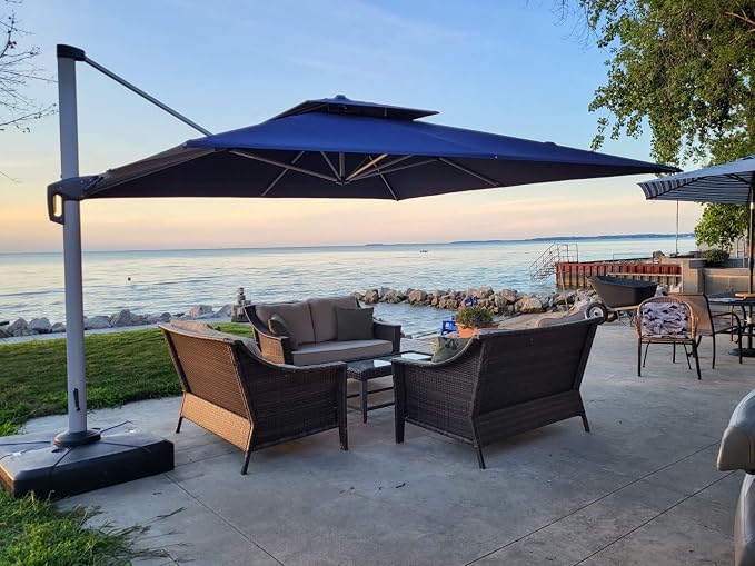 PURPLE LEAF Cantilever Patio Umbrellas 12' x 12' Large Double Top Navy Blue | - Image 2