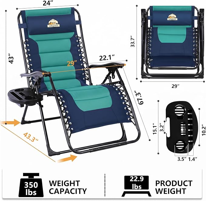 Colegence Oversized Padded Zero Gravity Chair, 400 lb, 0-170° locking recline - Image 3