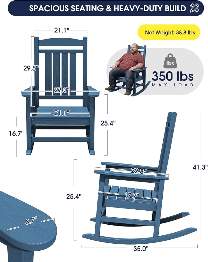 Oversized Outdoor Rocking Chairs Set of 4, HDPE Porch Rockers - Image 3