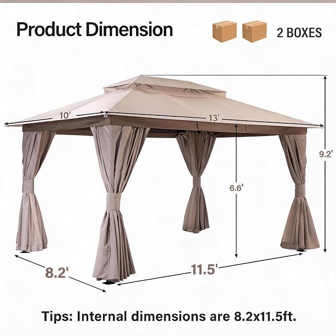 10'x13' Outdoor Gazebo, Upgraded Metal Frame Heavy Duty Patio Canopy Tent - Image 2