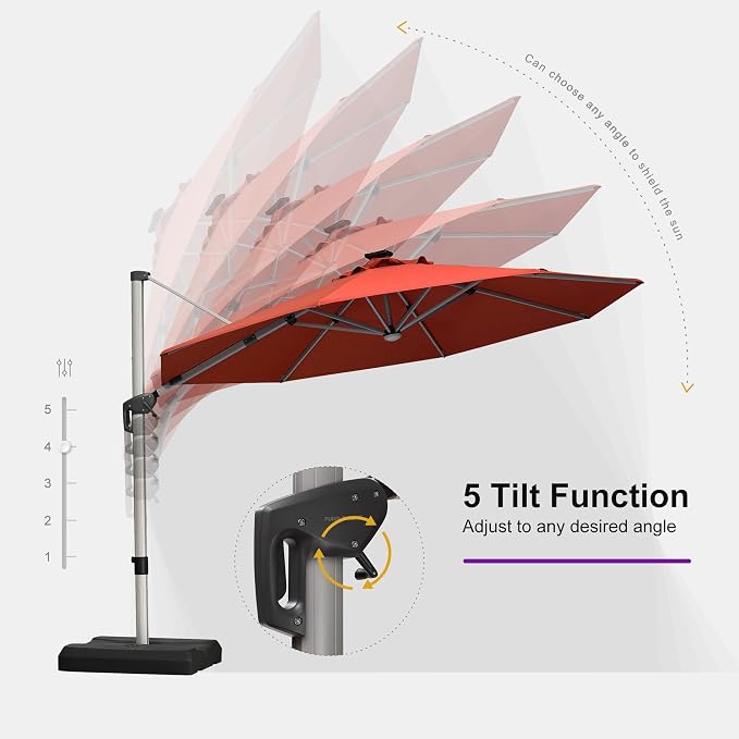PURPLE LEAF Cantilever Patio Umbrella 11ft Round Solar LED Light, Brick Red | - Image 6