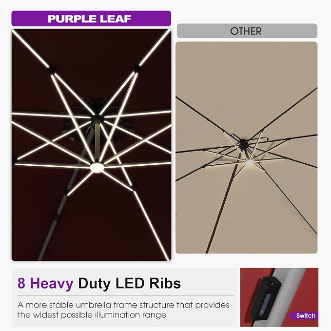 PURPLE LEAF Cantilever Umbrella 13ft Solar LED Light Double Top, Brick Red | - Image 3