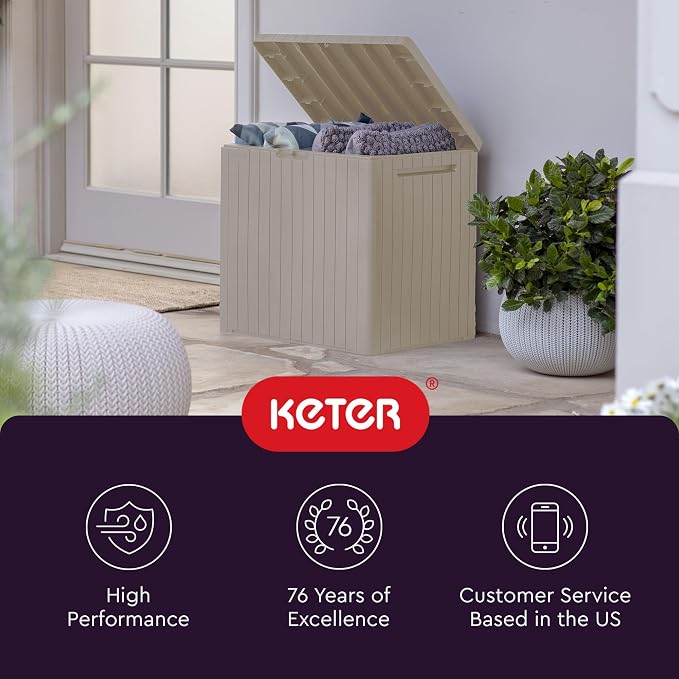 Keter City 30 Gal Outdoor Storage Box and Patio Side Table | Beige, Weatherproof - Image 11