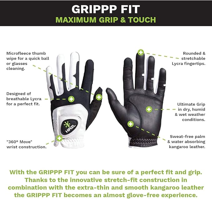 HIRZL GRIPPP FIT Ladies Golf Gloves – All Weather Womens Golf Glove (White/Black) | Kangaroo Leather & Lycra | Ultimate Grip/Wet or Dry | Breathable, Stretch Fit, Sweat Absorbent (Pack of 3)
