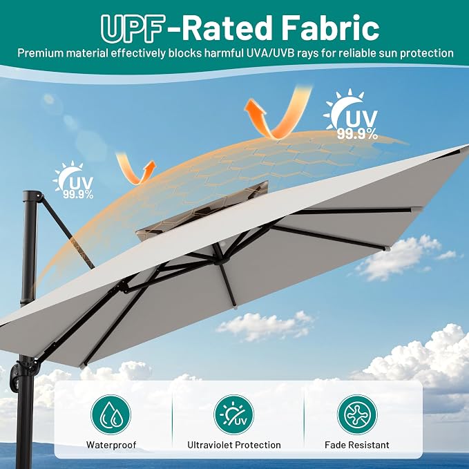 12×12 FT Double-Top Cantilever Patio Umbrella, Light Gray | Square Offset - Image 5