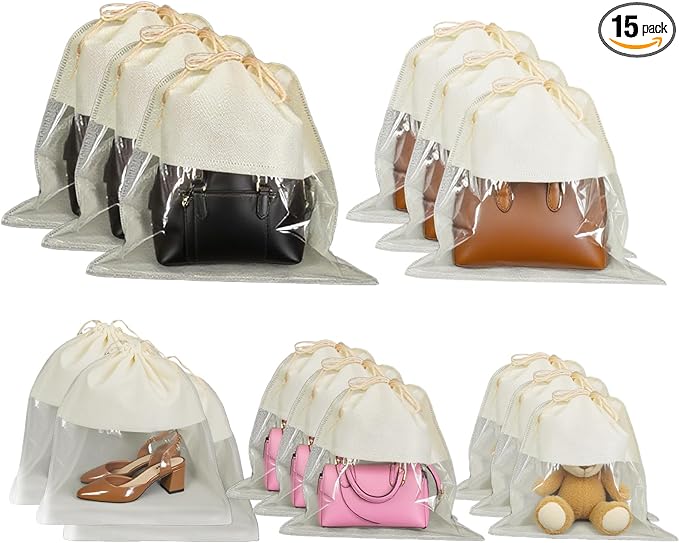 15 Pcs Dustproof Drawstring Bags Beige Dust Purse Storage Bags Non Woven String Pouch Handbags Fabric Cloth Covers Shoe Packing Organizer Pouch (Assorted Sizes)