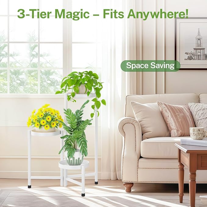 iDavosic.ly Plant Stand Indoor Outdoor, 3 Tier Metal Corner Shelf, Folding - Image 7
