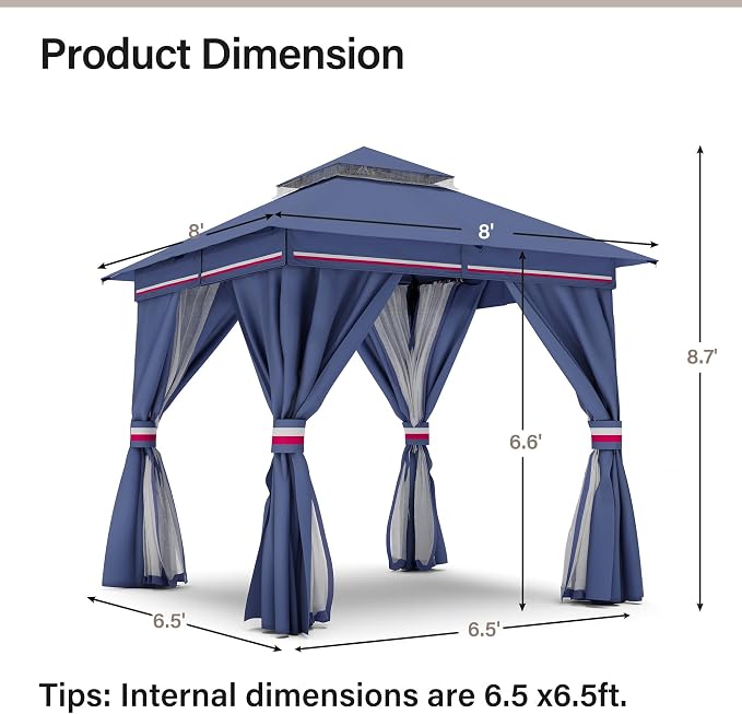8'x8' Outdoor Gazebo with 50FT String Lights, Metal Heavy Duty Patio Canopy - Image 2