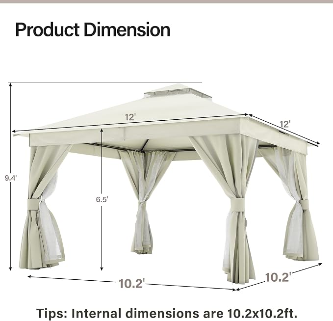 12'x12' Outdoor Gazebo with 100FT String Lights, Metal Heavy Duty Patio Canopy - Image 2