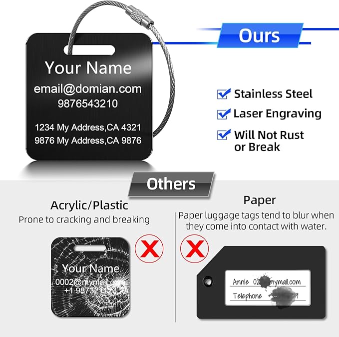 Stainless Steel Personalized Luggage Tags for Suitcases - Custom Name ID Travel Tags for Luggage, Backpacks, Baggage and Bags - Metal Unique Lable - Travel Essentials Accessories for Kids, Women, Men