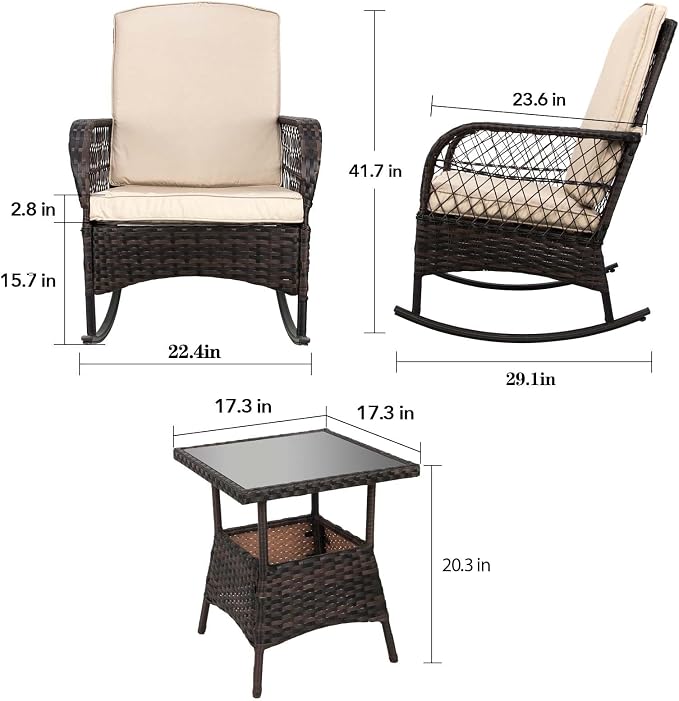 3 pcs Rocking Bistro Set Conversation Chairs PE Wicker Outdoor Rocking Chairs & - Image 3