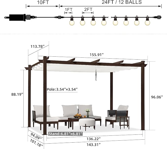 PURPLE LEAF Patio Pergola 10' x 13' Aluminum and Retractable Canopy, - Image 6