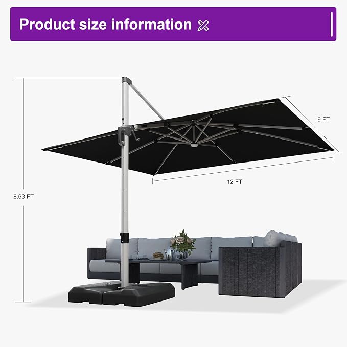 PURPLE LEAF Cantilever Umbrella 9' X 12' Solar LED Light Patio Deck, Stays - Image 8