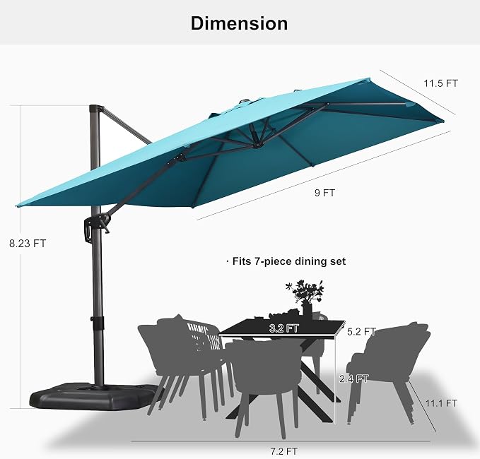 PURPLE LEAF Patio Umbrella 9' x 11.5' All-Day Shade Control Turquoise | More - Image 8