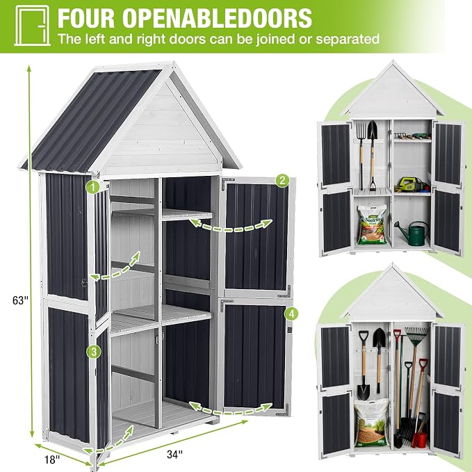 GUTINNEEN Outdoor Storage Cabinet, Wood & Metal Frame Garden Storage Shed - Image 6