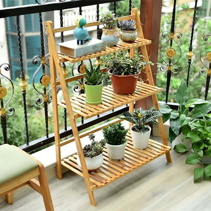 Ufine Bamboo Ladder Plant Stand 3 Tier Foldable Flower Pot Display Shelf | - Image 2