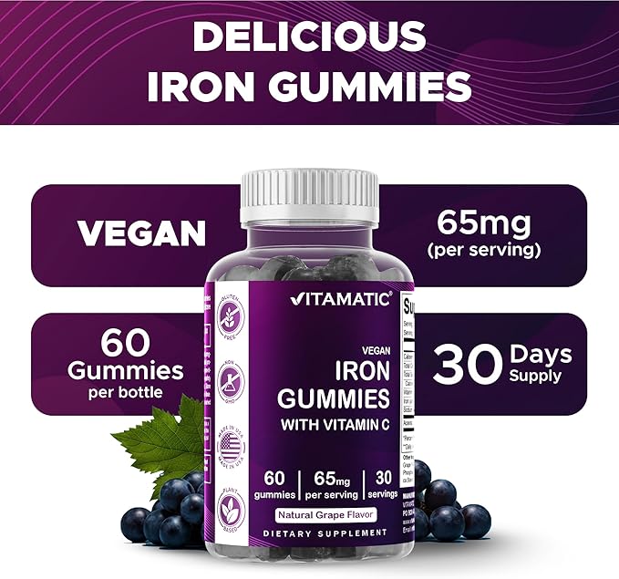 Vitamatic Iron 65 mg Gummies Supplement for Women & Men - 60 Vegan Gummies - Great Tasting Iron Gummy Vitamins with Vitamin C (1)