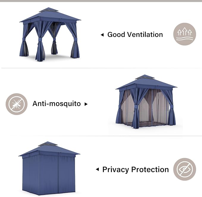 8'x8' Outdoor Gazebo, Metal Frame Heavy Duty Patio Canopy Tent Shelter - Image 7