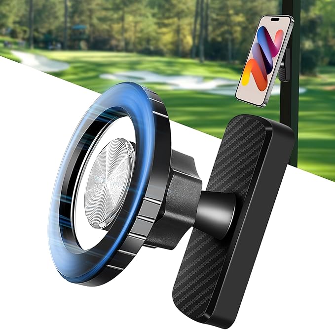 Magnetic Phone Holder for Golf Cart, Car, Gym & Home Strong Magnet Mount with 360° Adjustable Rotation Anti-Slip Rubberized Base Compatible with iPhone & Android with Magnetic Ring Gifts for Golfers