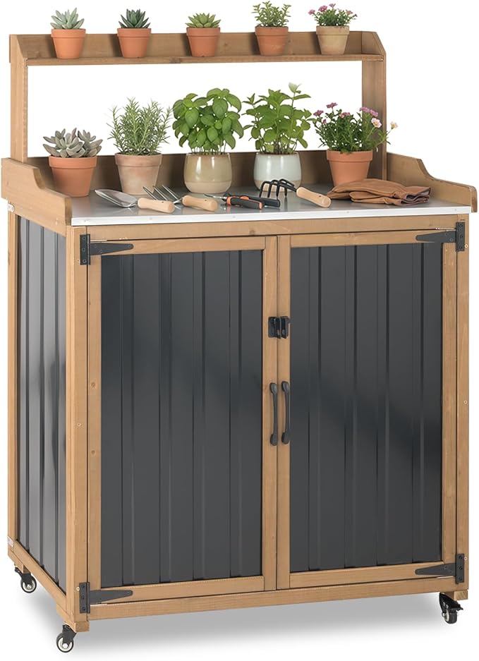 Potting Bench with Storage & Wheels, Mobile Outdoor Cabinet - Image 9