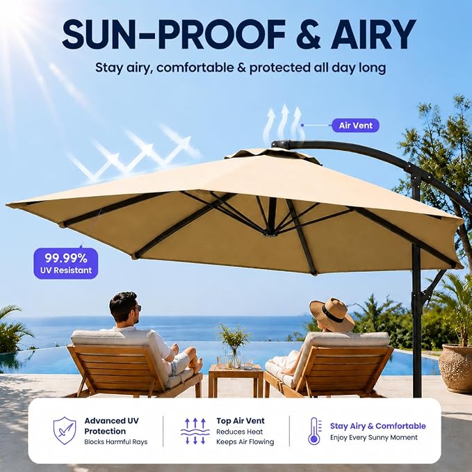 10FT Patio Umbrella with Base, Outdoor Umbrella Pool Umbrella Cantilever - Image 3