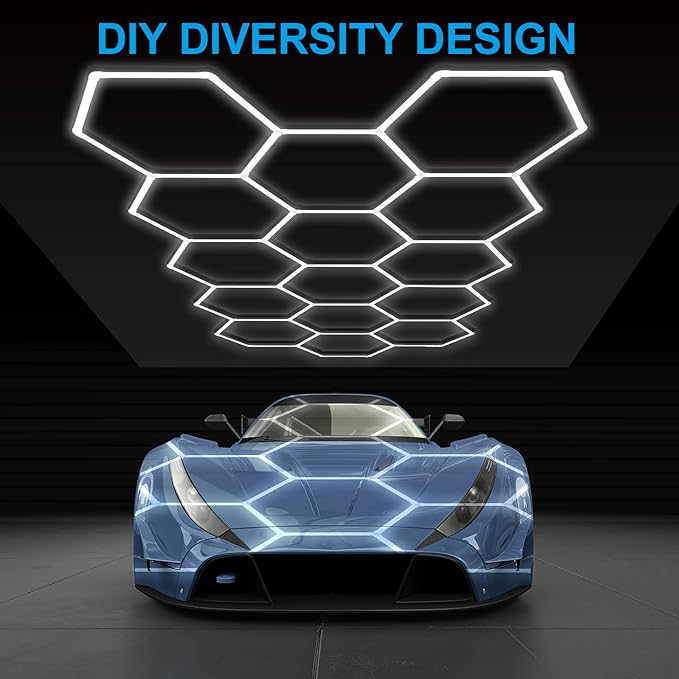 LED Hexagon Garage Light: 12700LM Car Detailing Shop Light, DIY Splicing Ceiling & Wall Decor Lights, for Workshop Basement Gym Warehouse Bar Gaming Room