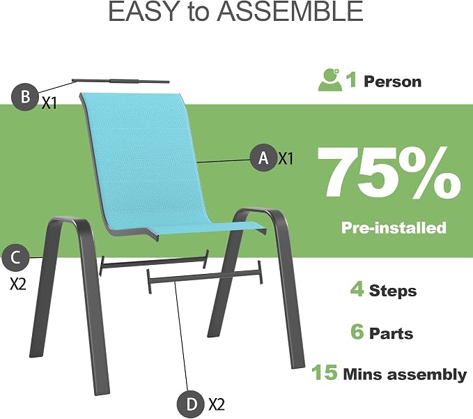Outdoor Patio Chairs Set of 6 Stackable Dining Chairs All-Weather Textilene - Image 8