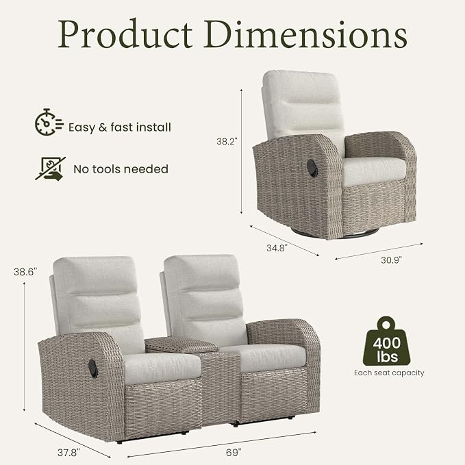 Oversized 3 Pieces Wicker Outdoor Recliner Loveseat - Image 2