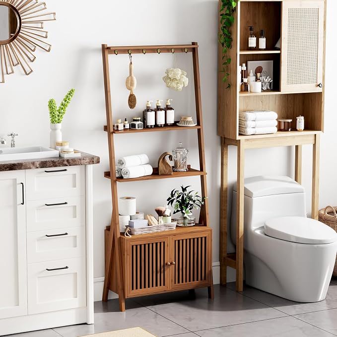 Bookcase with Drawers, 4-Tier Bamboo Bookshelf Ladder Shelf with 6 Hooks - Image 8