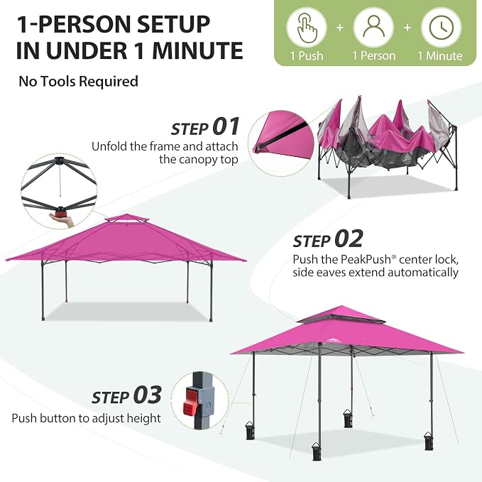 EAGLE PEAK 13x13 Pop Up Canopy Tent, Auto Extended Eaves, Light Pink | Easy - Image 7