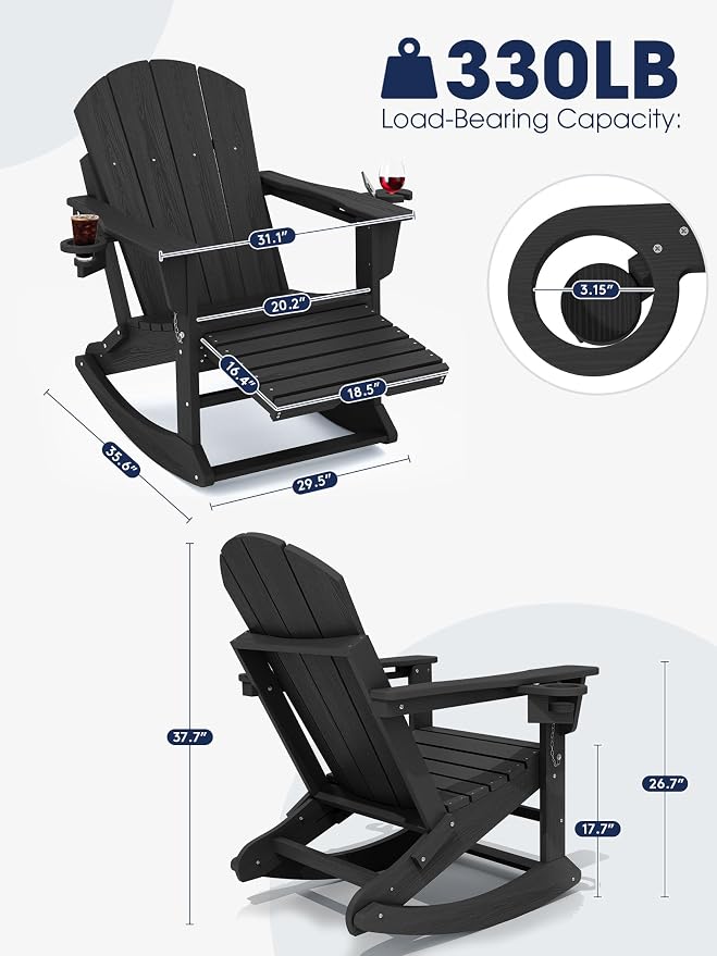 Adirondack Rocking Chair with Ottoman and Cup Holders | HDPE Porch Rocker - Image 3