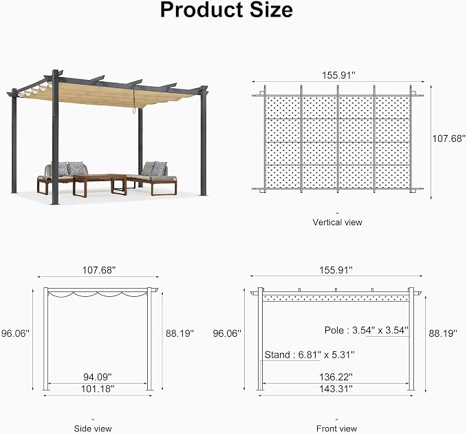 PURPLE LEAF Against Wall Pergola 9.5' X 13' Sliding Aluminum Canopy, Custom - Image 6