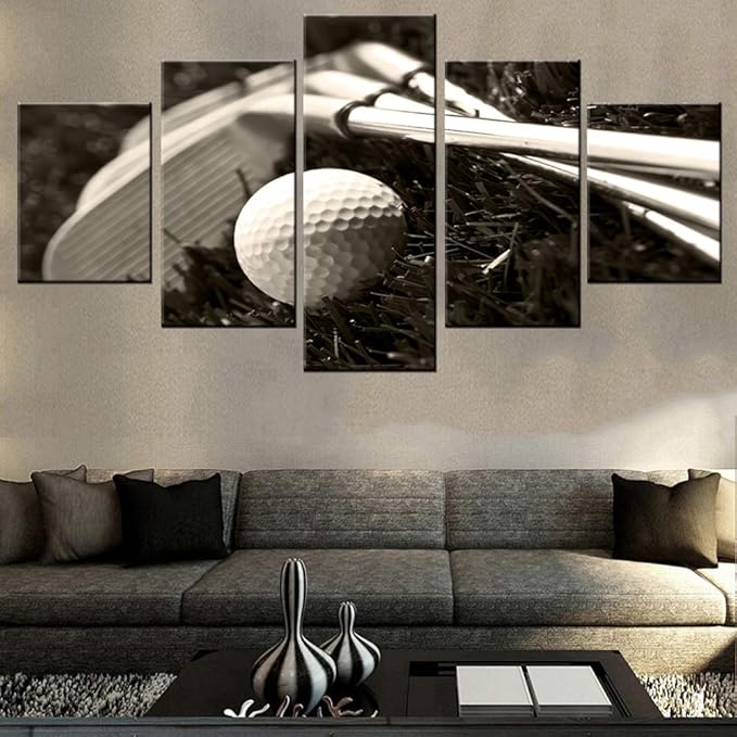 Golfing Art for Walls Black and White Pictures Golf Club in Meadow Paintings for Living Room 5 Panel Prints on Canvas Meadow Artwork Giclee House Decor Stretched and Framed Ready to Hang(60''Wx32''H)