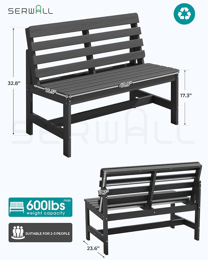 SERWALL Armless Outdoor Bench, All Weather HDPE Porch Bench, 2 Pack, Suitable - Image 3