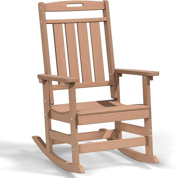 Oversized HDPE Outdoor Rocking Chair, All-Weather Resistant, Teak | Heavy Duty by Plawdlik
