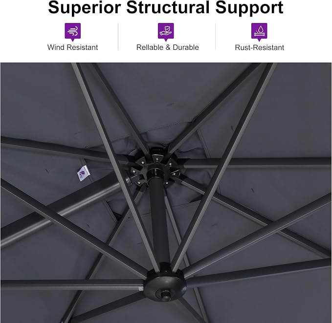 PURPLE LEAF Patio Outdoor Umbrella 9' x 9' Square All-Weather Grey | Large - Image 3