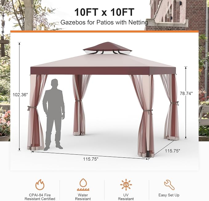 10’x10’ Patio Gazebo Canopy Tent w/Removable Netting, Ventilated Double-tier Top - Image 3