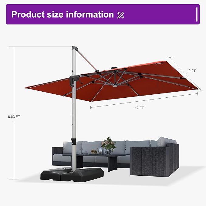 PURPLE LEAF Cantilever Umbrella 9' X 12' Solar LED Light Patio, Brick Red | - Image 9