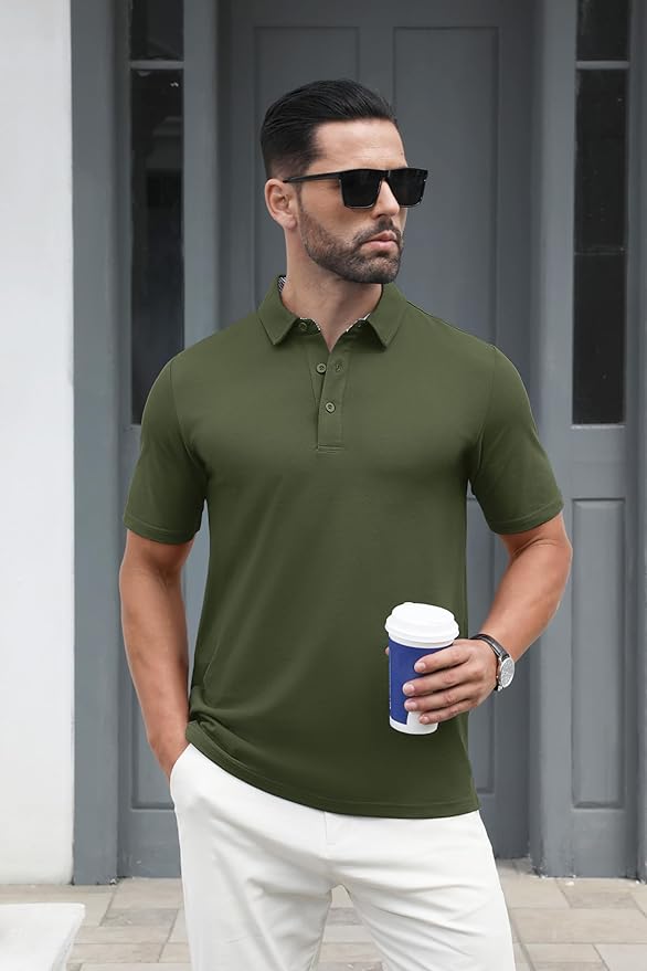 MAGCOMSEN Men's Polo Shirts Short Sleeve Cotton Pique 3 Button Classic Fit Casual T-Shirt Performance Golf Shirts