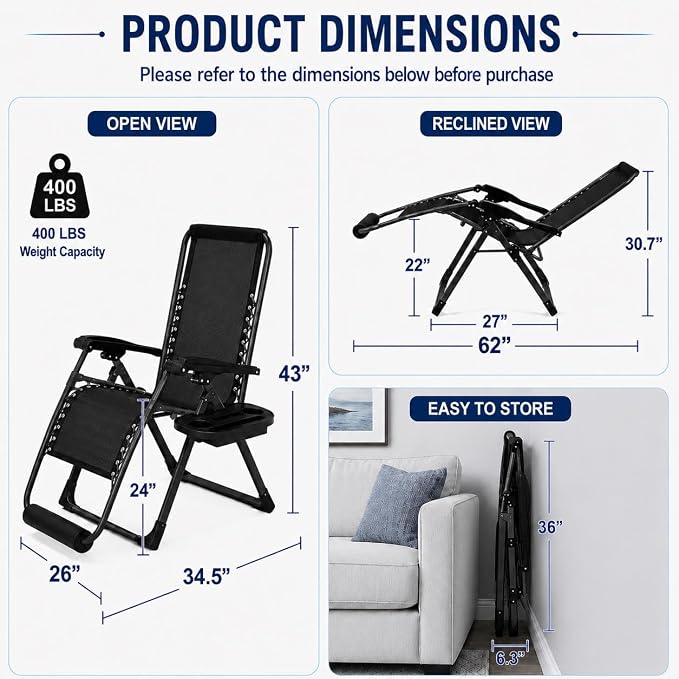 Yaheetech 26" Zero Gravity Chair Adjustable, - Image 3